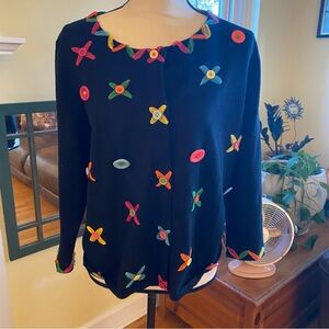 Vintage PBJ Sport Black Cardigan w/ Multi Color Buttons Ribbons Women's M